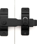 Matte Black Stainless Steel Barn Door Latch 4.33 By 3.23 Inch Tough As Nails Heavy Duty Flip Door Lock close-up view installed on door