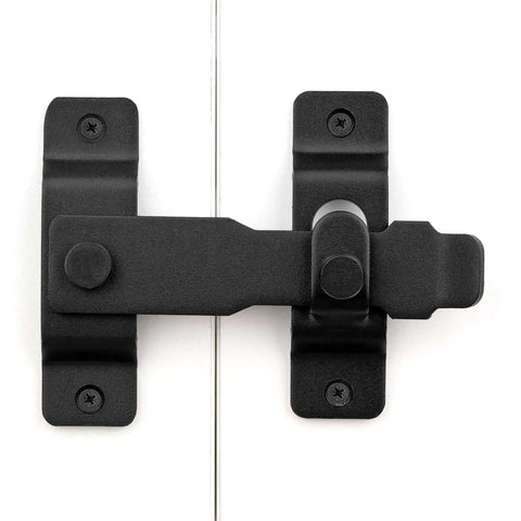 Matte Black Stainless Steel Barn Door Latch 4.33 By 3.23 Inch Tough As Nails Heavy Duty Flip Door Lock close-up view installed on door