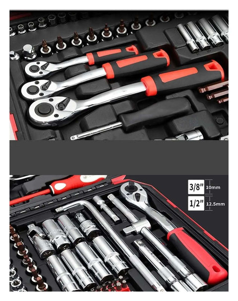 Premium Auto Combination Wrench Set Packing Slick Ratchet Pawl Sockets Hefty Spanner And Precision Screwdriver Bits For Your Garage Stash, showcasing the complete 120-piece toolkit.