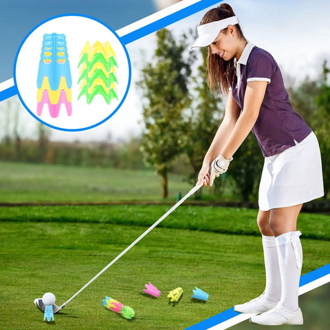 Woman using 30 Piece Golf Tees Set For Home Indoor Outdoor Practice Durable Plastic Tees In Multicolor for consistent swings