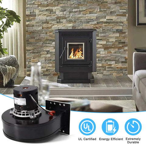 Convection Blower Replacement PU-4C442 Plug-And-Play For Englander Pellet Stoves next to fireplace in living room setting.