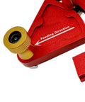 Badass Adjustable Roller Featherboard Rock Solid Aluminum woodworking feed guide, showing red plate and yellow adjustment knob.