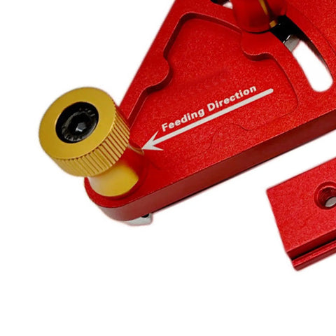 Badass Adjustable Roller Featherboard Rock Solid Aluminum woodworking feed guide, showing red plate and yellow adjustment knob.