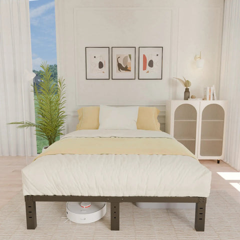 Straight Up Heavy Duty Queen Bed Frame Built Like A Tank With Ample Underbed Storage in a bright bedroom setting.
