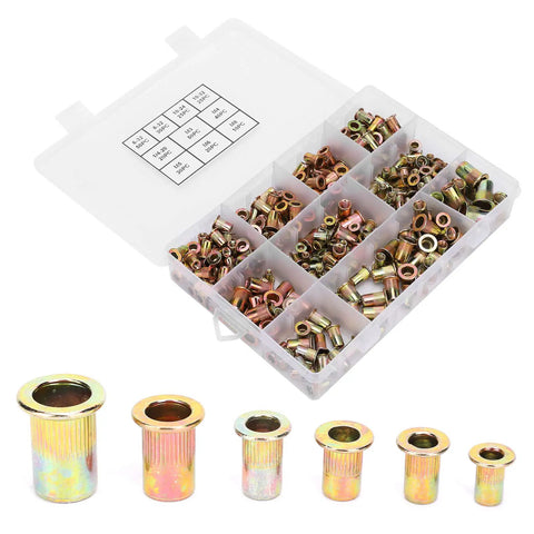Pro Grade Rivet Nut Set Zinc Plated Steel Vertical Blind Riveting Nuts Kit For Metal Fabrication Auto And Furniture Assembly with 300 pieces.