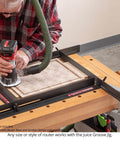 Juice Groove Router Jig For Cutting Boards, Adjustable Rails That Create Clean Juice Grooves On Boards From Ten And One Quarter Inch To Eighteen And Three Quarters Inch, Powder Coated Steel Rail Design, No Fuss Setup, Made In USA, shown in use on a wooden board with a router.