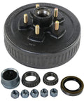 Front view of JDMSPEED 10x2-1/4 trailer brake hub drum, 5 on 4.5 in, with bearings, seals, and nuts.