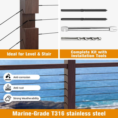 80 Pack Black T316 Stainless Steel Left And Right Handed Lag Screws For One Eighth Inch Cable Railing Deck And Stair Wood Post Hardware Kit With Easy Tensioning No Turnbuckle Needed Rust Resistant, shown installed on wood posts with tools