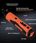Must Have 4V Mini Cordless Rotary Tool Kit With 5 Speed USB Charging, showing buttons and Type-C charging port highlighted.