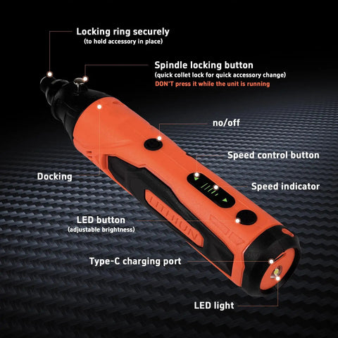 Must Have 4V Mini Cordless Rotary Tool Kit With 5 Speed USB Charging, showing buttons and Type-C charging port highlighted.