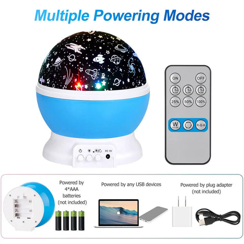 360 Degree Rotating Star Projector Night Light For Kids With USB Cable, 4 LEDs And 8 Color Modes, remote and power options shown