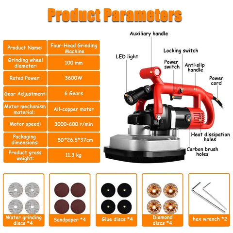 Four Head Concrete Floor Grinder And Electric Diamond Polisher Machine With Six Variable Speed For Dustless Grinding
