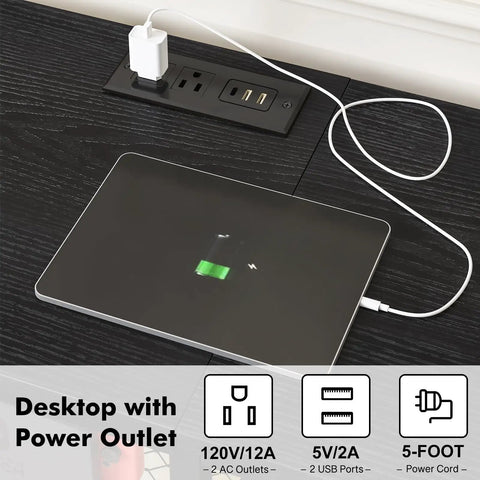 TV Stand For Televisions Up To 55 Inch With Built In Power Outlet And USB Ports Type C Port Open Storage Shelves Black Entertainment Console Table For Living Room And Bedroom Slick Cable Management showing charging ports and power outlets