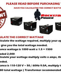 Display of multiple heavy-duty voltage converters with wattage calculation instructions from Rockstone Power