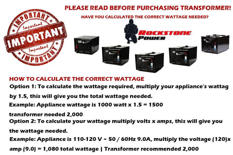 Display of multiple heavy-duty voltage converters with wattage calculation instructions from Rockstone Power