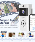 Wireless Wi-Fi Video Doorbell Camera With Two-Way Audio For Outdoor Front Door No-Brainer Easy Install Night Vision And Cloud Storage 2 4G Wi-Fi Video Doorbell With Chime Home Security System White shown with app interface.