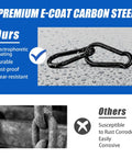 Premium E-coat carbon steel carabiner clip, waterproof and rust-proof, perfect for outdoor use, black finish, durable and wear-resistant.