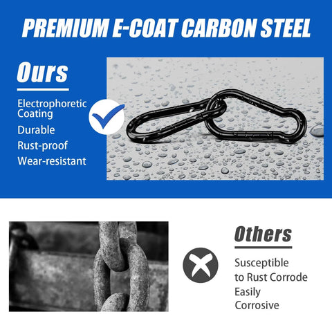 Premium E-coat carbon steel carabiner clip, waterproof and rust-proof, perfect for outdoor use, black finish, durable and wear-resistant.