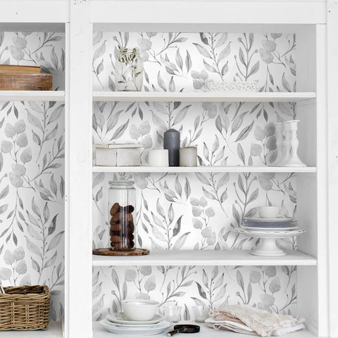 Gray Leaf Peel and Stick Wallpaper Dope Look Floral Self Adhesive Watercolor Leaves for Cabinets and Walls Removable