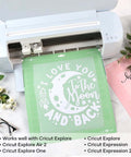 HTVRONT 2-pack 12x12 green cutting mats with white I love you to the moon and back design shown installed in a Cricut-style cutter