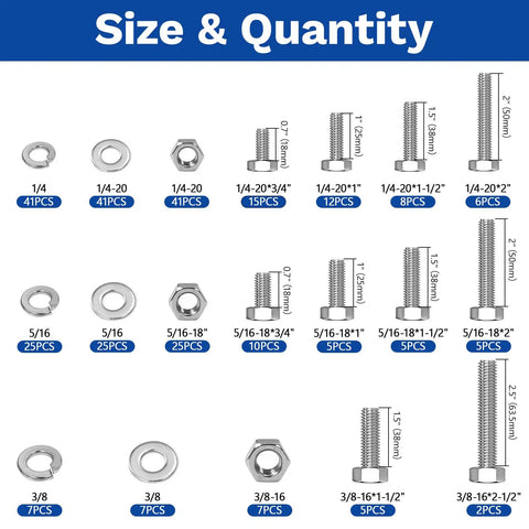 Garage Grade Hex Bolt And Nut Assortment Kit 292 Piece Metric Hardware Set showing size and quantity specifications.