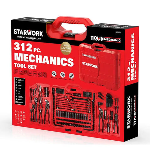 True Mechanic 312 Piece Tool Set With Ratchet And Socket System in red case packaging