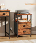 Sleek Rustic Brown Nightstand With Built In Charging Station And Two Fabric Drawers A Legit Game Changer For Dorm Rooms featuring power outlets.