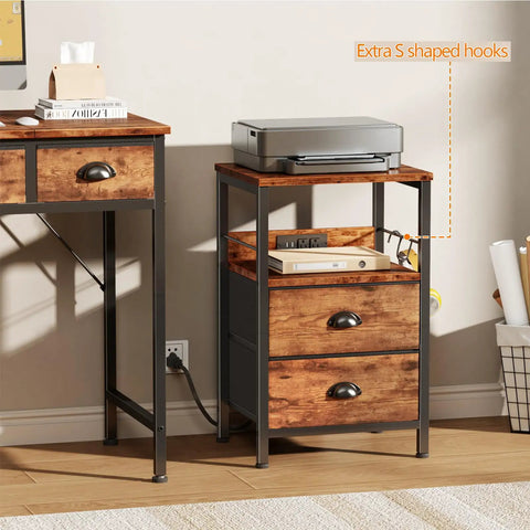 Sleek Rustic Brown Nightstand With Built In Charging Station And Two Fabric Drawers A Legit Game Changer For Dorm Rooms featuring power outlets.