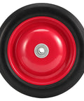 Heavy Duty 10 Inch Flat Free Solid Rubber Garden Cart Wheels, 2 Pack Semi Pneumatic Replacement Tires With Half Inch Axle, close-up view of red wheel.