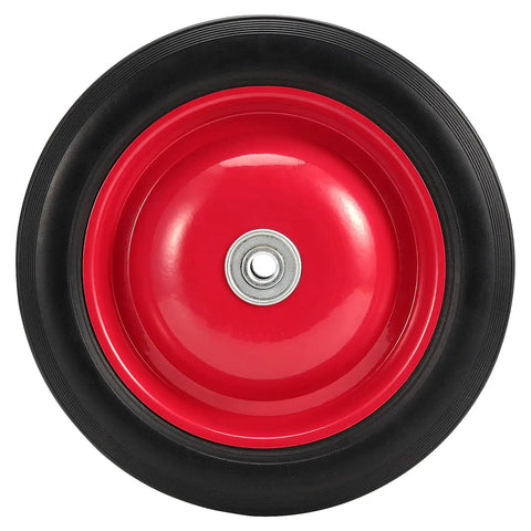 Heavy Duty 10 Inch Flat Free Solid Rubber Garden Cart Wheels, 2 Pack Semi Pneumatic Replacement Tires With Half Inch Axle, close-up view of red wheel.