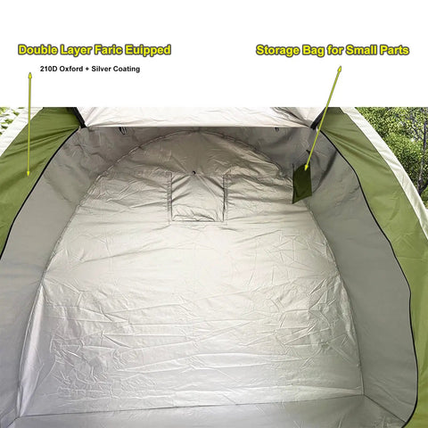 Inside view of Outdoor Bike Shelter for Two Bikes made with 210D Oxford Fabric PU4000 Waterproof Coating showing storage bag.