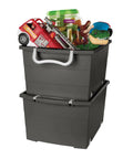 Smooth Rolling Storage Basket With Gray Plastic Mobile Organizer Bin Featuring Four Nifty Pivot Wheels Fold Down Handles For Easy Room To Room Moves Tailored For Keeping Laundry Clothes Toys And Closet Gear Tight And Square filled with toys and a fire truck.