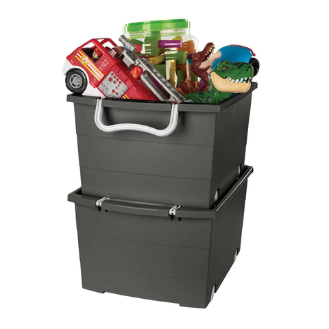 Smooth Rolling Storage Basket With Gray Plastic Mobile Organizer Bin Featuring Four Nifty Pivot Wheels Fold Down Handles For Easy Room To Room Moves Tailored For Keeping Laundry Clothes Toys And Closet Gear Tight And Square filled with toys and a fire truck.