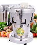 Heavy Duty Commercial Citrus Juicer Machine 370W Electric High Speed Extractor 2800 RPM Stainless Steel with fruits and veggies.