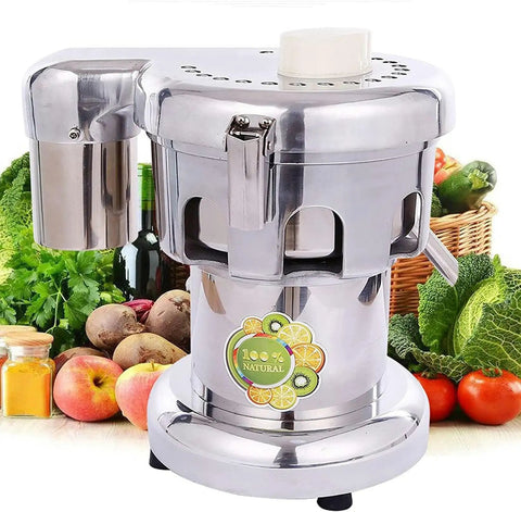 Heavy Duty Commercial Citrus Juicer Machine 370W Electric High Speed Extractor 2800 RPM Stainless Steel with fruits and veggies.