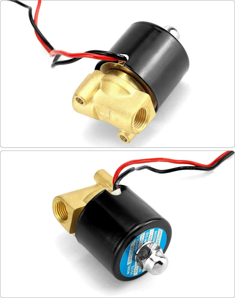 Top and side view of 1/4 Inch NPT Brass Electric Solenoid Valve 12VDC Normally Closed 2-Pack with wires