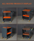 Gray CNC Tool Storage Cart With CAT50 CAT40 Compatibility, showing heavy duty steel frame and tool holders on wheels