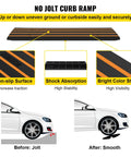 Rubber Curb Ramp Set For Driveway Two Pack Threshold Bridge With Reflective Safety Strips Ideal For Cars RVs Scooters And Motorcycles To Safely Clear Curbs 33069 Lbs Load Capacity And A 2.5 Inch Rise showing non-slip surface, shock absorption, bright color strip, and before-after comparison with a car