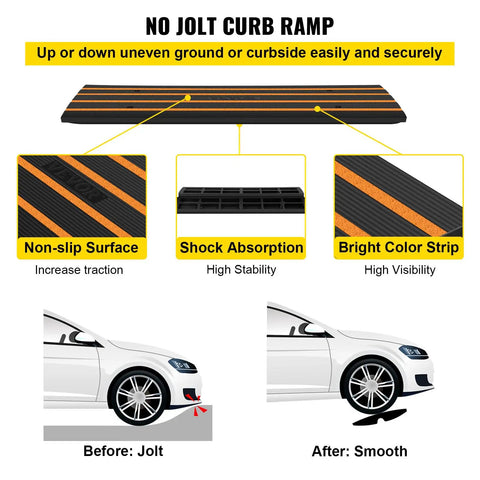 Rubber Curb Ramp Set For Driveway Two Pack Threshold Bridge With Reflective Safety Strips Ideal For Cars RVs Scooters And Motorcycles To Safely Clear Curbs 33069 Lbs Load Capacity And A 2.5 Inch Rise showing non-slip surface, shock absorption, bright color strip, and before-after comparison with a car
