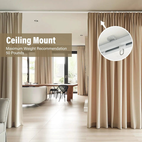 Heavy Duty Ceiling Curtain Track System With Wall Mount No Fuss Ultra Quiet Pulleys Aluminum Channel For Room Divider And Curtains Waterproof And Rust Resistant Smooth Glide Easy Install White Finish Fits 3 To 9 Feet ceiling mount in room with beige curtains
