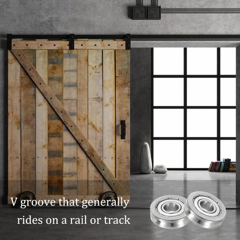 Slick Rolling V Groove Ball Bearings With Heavy Duty Shielded Seals For 10mm Shafts on rail track with wooden barn door.