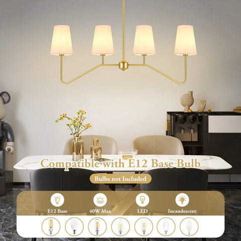 4-Light Gold Linear Chandelier Over Kitchen Island And Dining Table, Modern Pendant Lighting With White Fabric Shades, E12 Base, Bulbs Not Included