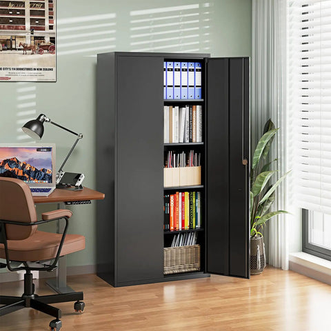 Heavy Duty Metal Garage Storage Cabinet With Locking Doors And Adjustable Shelves, 71 Inch High, in home office setting.