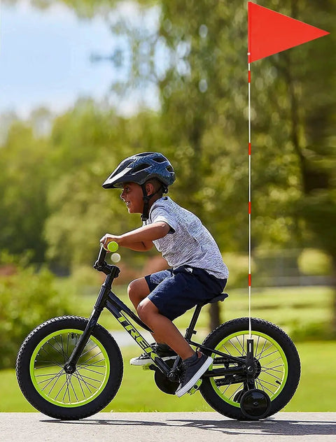 Child riding bike with Two Pack Upgraded Bike Flags With Poles 6 Feet High Visibility Orange Flags With Heavy Duty Fiberglass Poles.