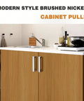 50 Pack Satin Nickel Stainless Steel Square Bar Cabinet Handles installed on wooden kitchen cabinet doors