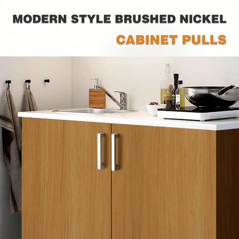 50 Pack Satin Nickel Stainless Steel Square Bar Cabinet Handles installed on wooden kitchen cabinet doors