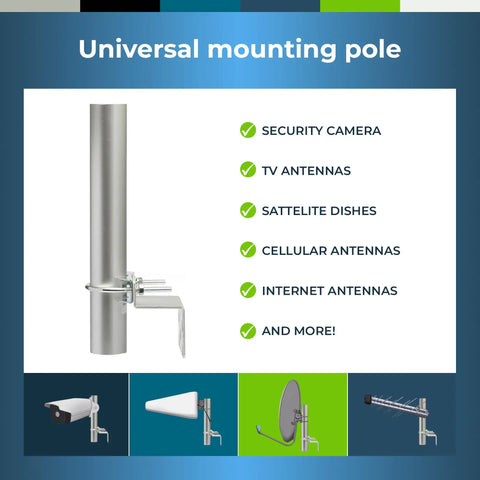 10 Inch Pole Mount Accessory For Outdoor Antenna Grab And Go Setup Easy Install For Home Cell Signal Boosters And Yagi Antennas Antenna Expansion Kit With U Bracket Assembly pictured with various antennas.