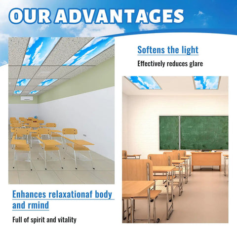Six Magnetic Fluorescent Light Covers For Classrooms And Offices, 4x2 Feet Ceiling Light Filters With Sky Cloud Design installed in classrooms