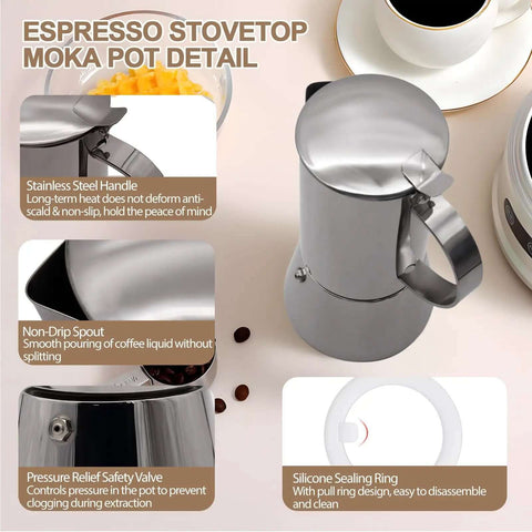Uncoated 2 Cup Moka Pot Thick 304 Stainless Steel Stovetop Espresso Coffeemaker For Home Travel Camping Brews Like A Pro Rich Italian Style Greca Cafe Mocha Pot 100ml 3.3oz.