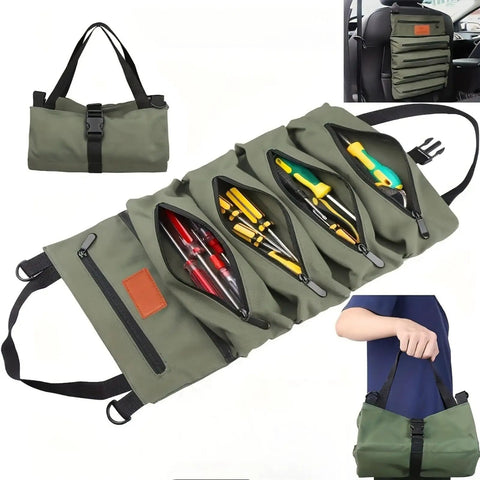 Five Pocket Tool Roll Organizer Pouch With Zipper Pockets And Adjustable Buckle Closure For Hardware And Workshop Accessories